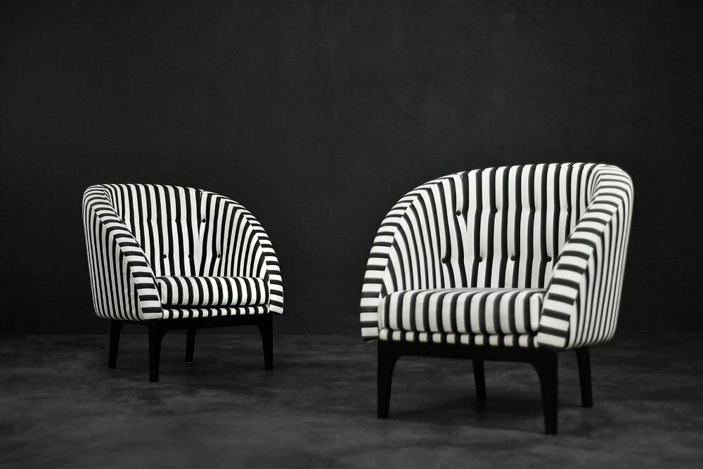 Mid Century Scandinavian Modern Rounded Armchairs With Black & White Stripes, 1960s, Set Of 2