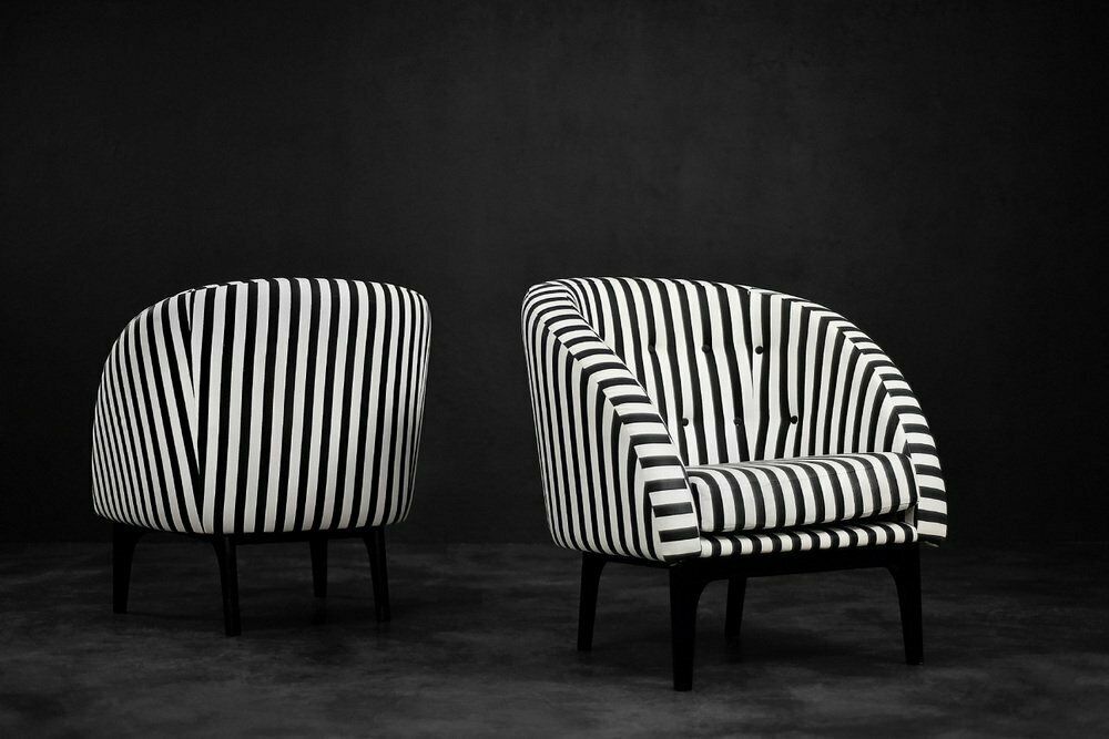 photo vintage Mid Century Scandinavian Modern Rounded Armchairs With Black & White Stripes, 1960s, Set Of 2