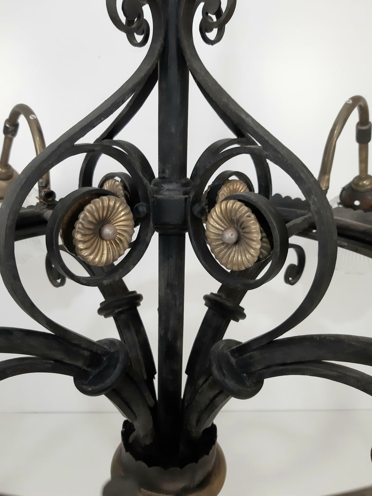 Victorian Cast Iron 4 Holophane Chandelier photo vinterior