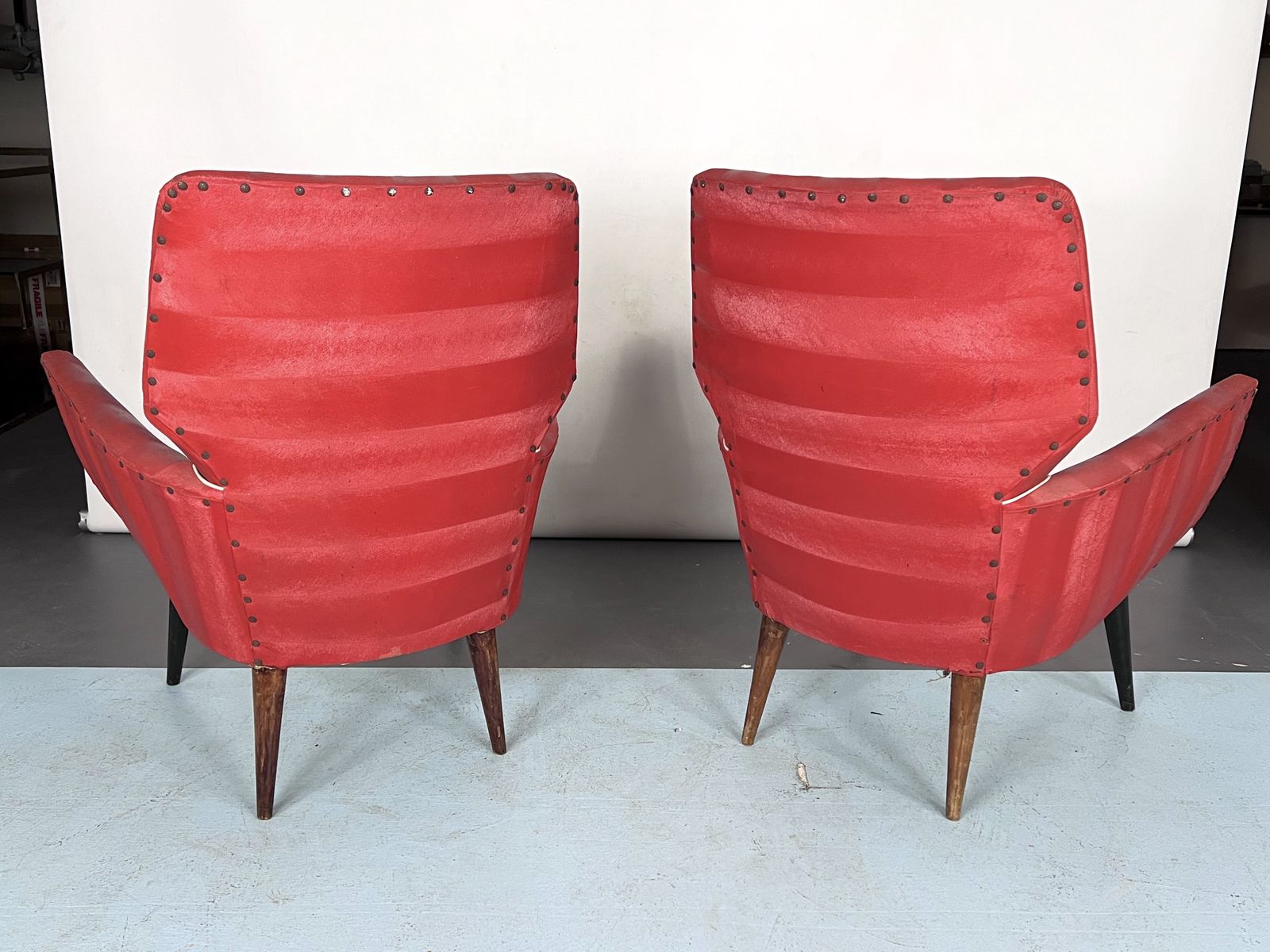 photo for sale Mid Century Modern Pair Of Red Armchairs. Italy 1950s