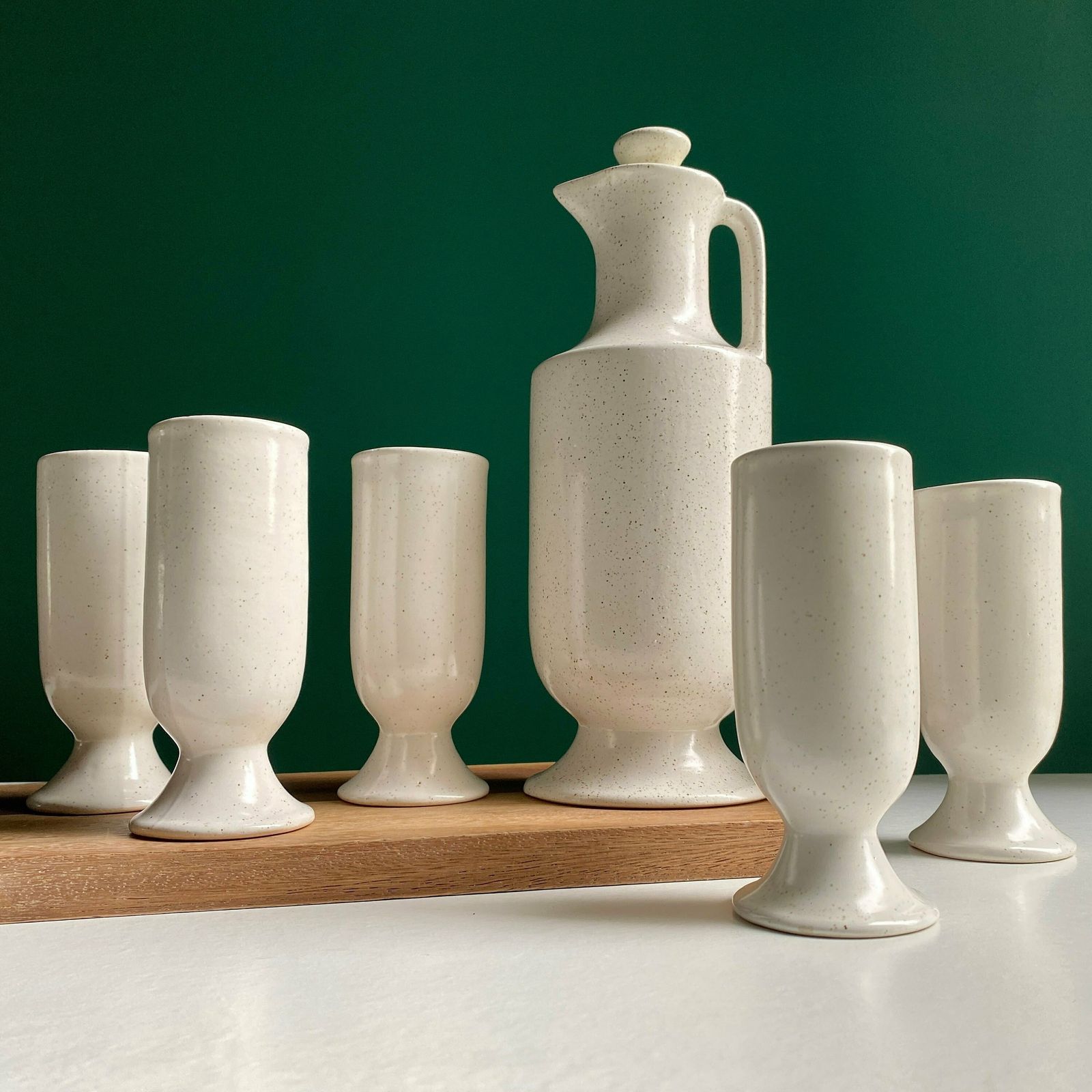 Vintage Studio Pottery Decanter W/ Set Of 5 Matching Flutes | Ceramic Drinkware Set | Vintage Kitchenware