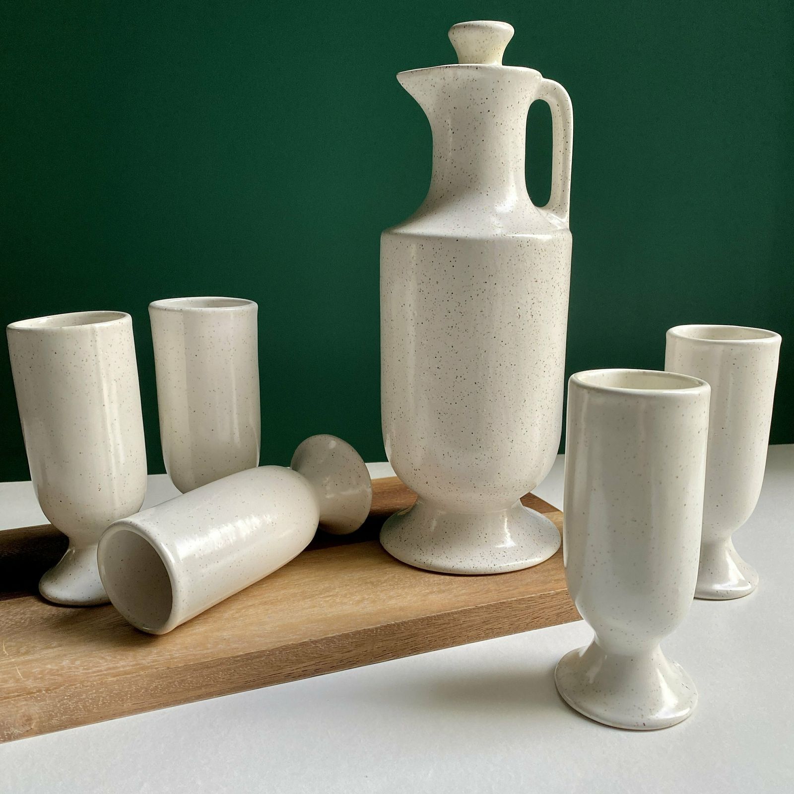 Vintage Studio Pottery Decanter W/ Set Of 5 Matching Flutes | Ceramic Drinkware Set | Vintage Kitchenware photo vintage