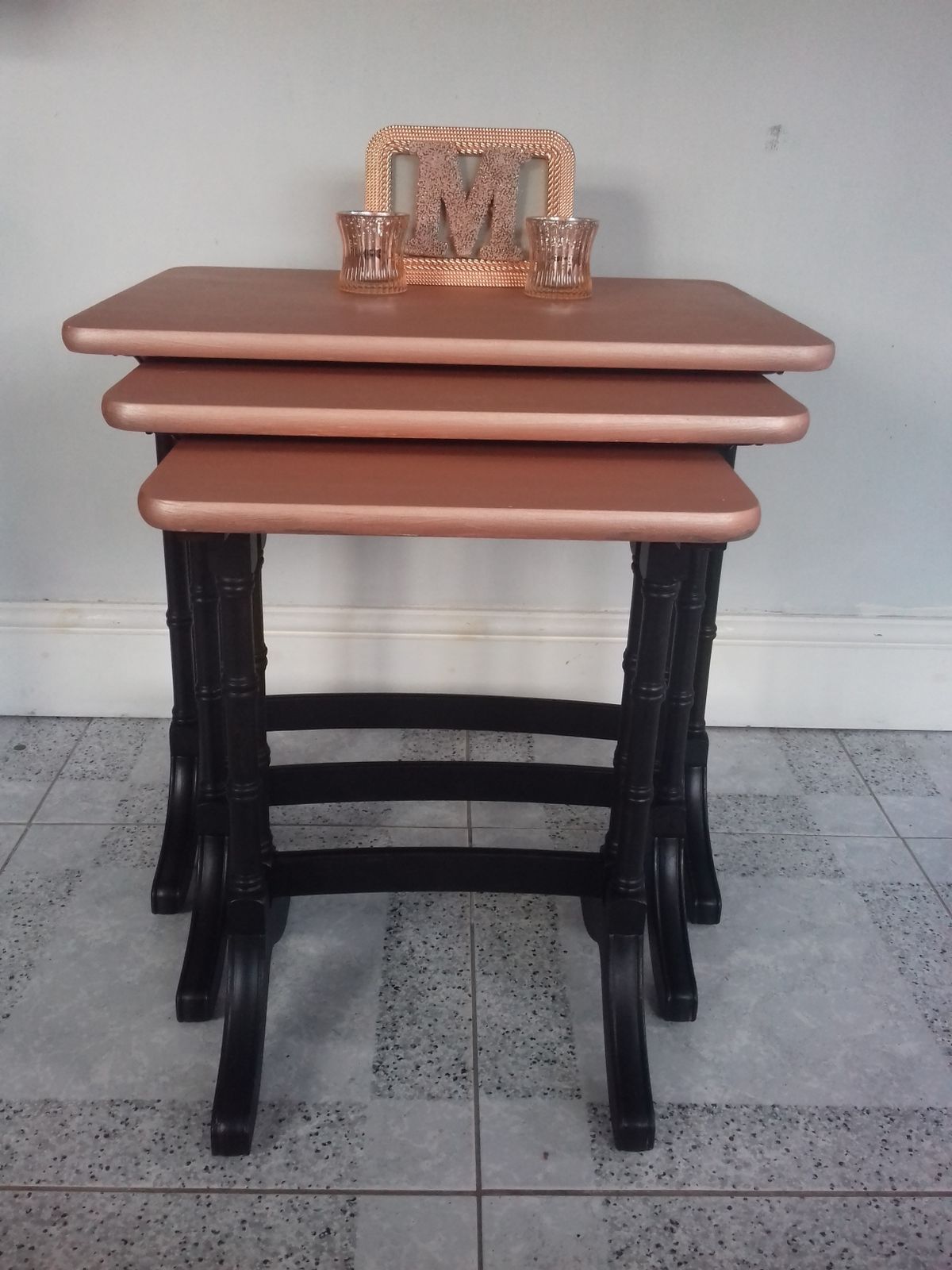 Stunning Nathan Nest Of Tables In Coal Black And Rose Gold Metallic