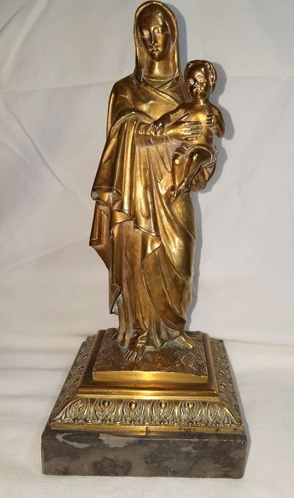 Antique French Madonna And Child Statue In Gild Bronze
