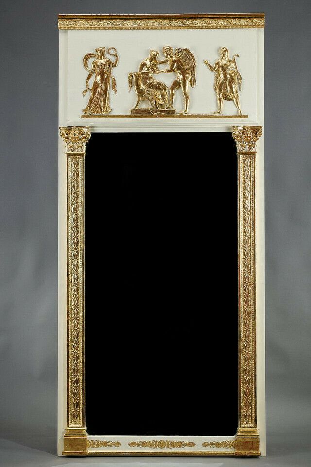 Wood And Gilded Stucco Overmantel Mirror, Empire Period, 19th Century
