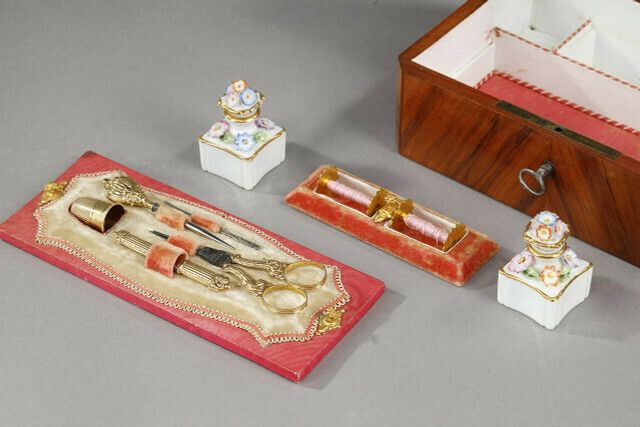 Home Decor Sewing Box In Rosewood Veneer, Gold And Silver, Restoration Period photo