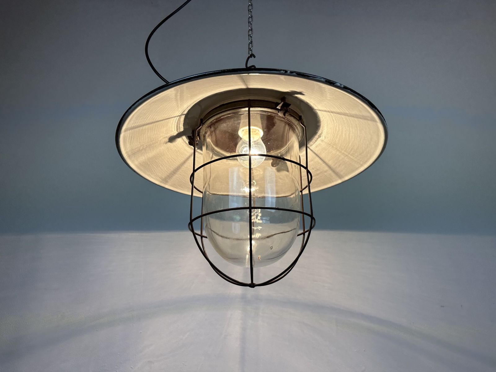 Industrial Grey Enamel Factory Hanging Cage Lamp, 1960s, 20x photo for sale