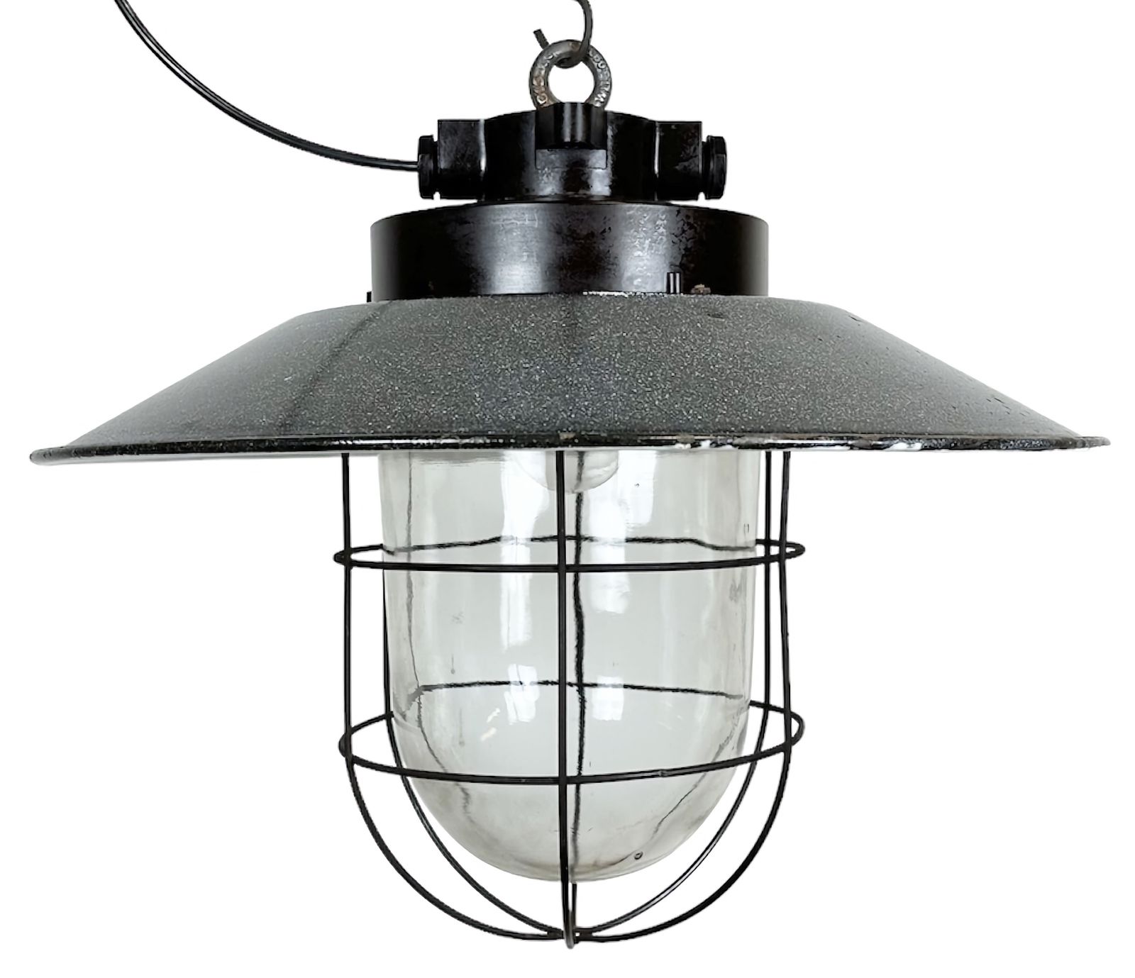 Industrial Grey Enamel Factory Hanging Cage Lamp, 1960s, 20x