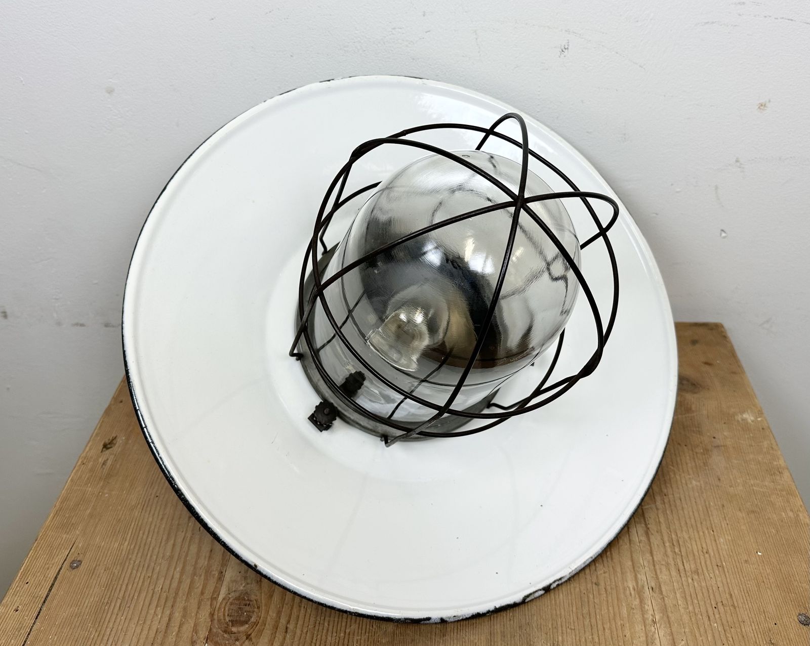 Lighting Industrial Grey Enamel Factory Hanging Cage Lamp, 1960s, 20x photo