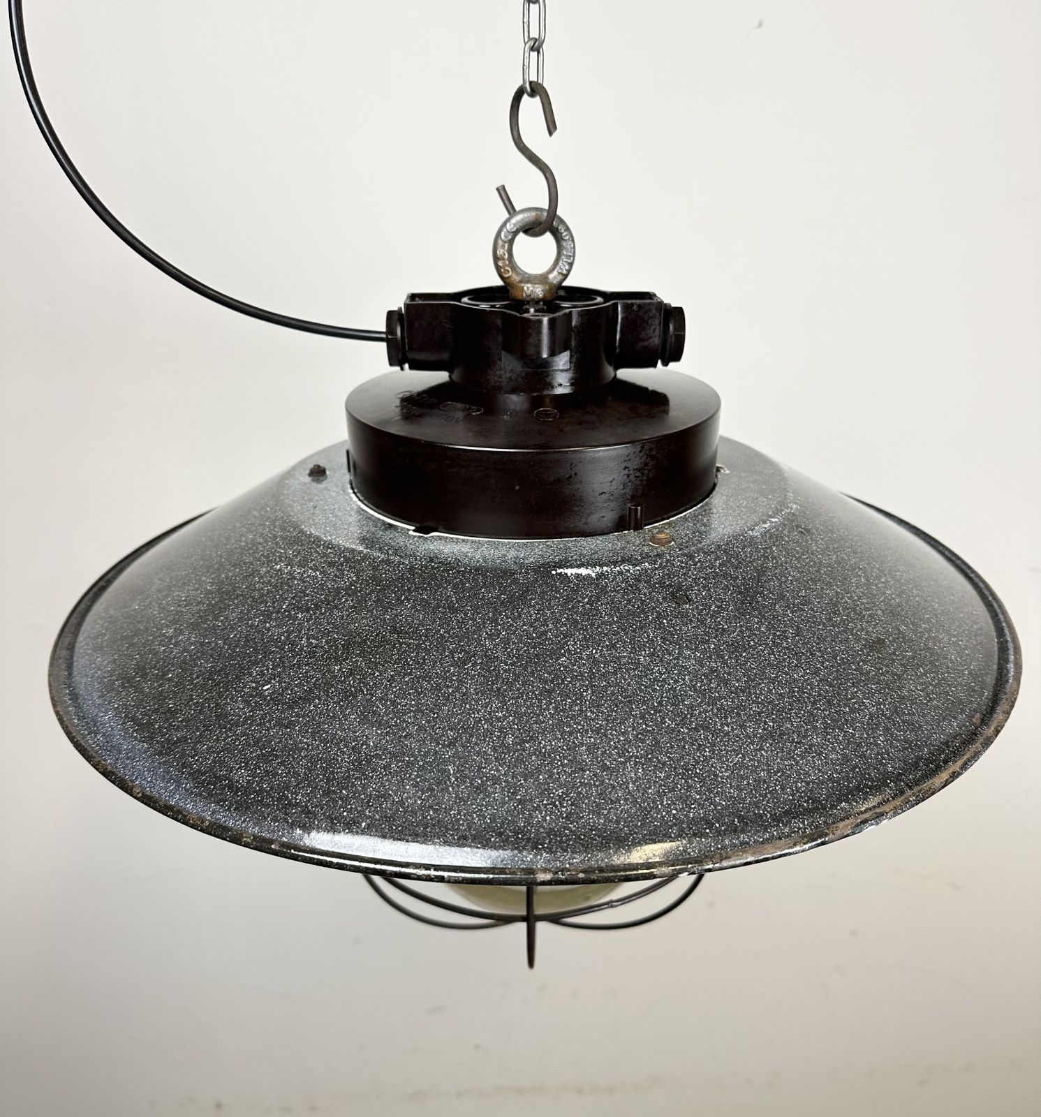 199.0 Industrial Grey Enamel Factory Hanging Cage Lamp, 1960s, 20x photo