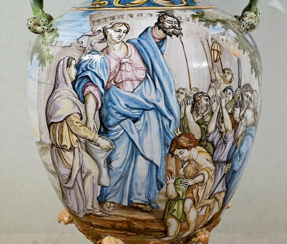 photo furniture Majolica Vase On Bolster Set, Italy   19th Century