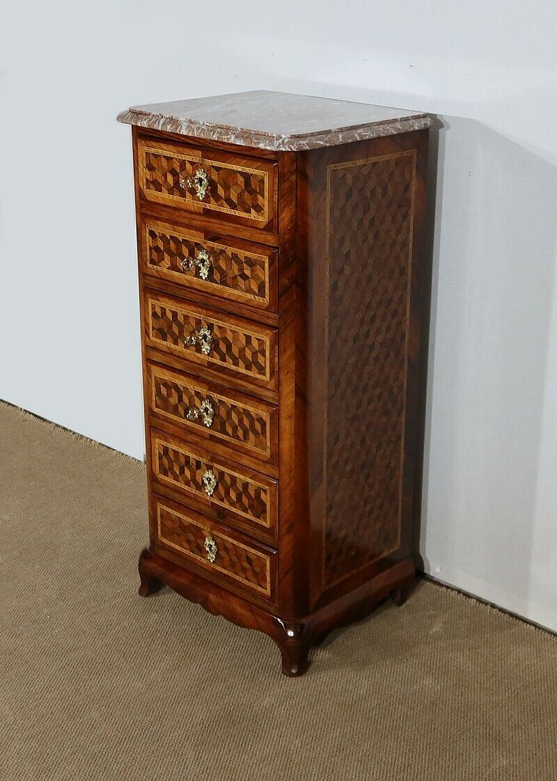 Small Chest Of Drawers In Precious Wood Marquetry, Napoleon III Period – Mid 19th Century photo for sale