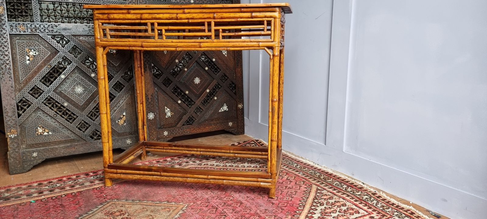 photo for sale 19th Century Chinese Bamboo Brighton Pavillion Chairs And Side Table