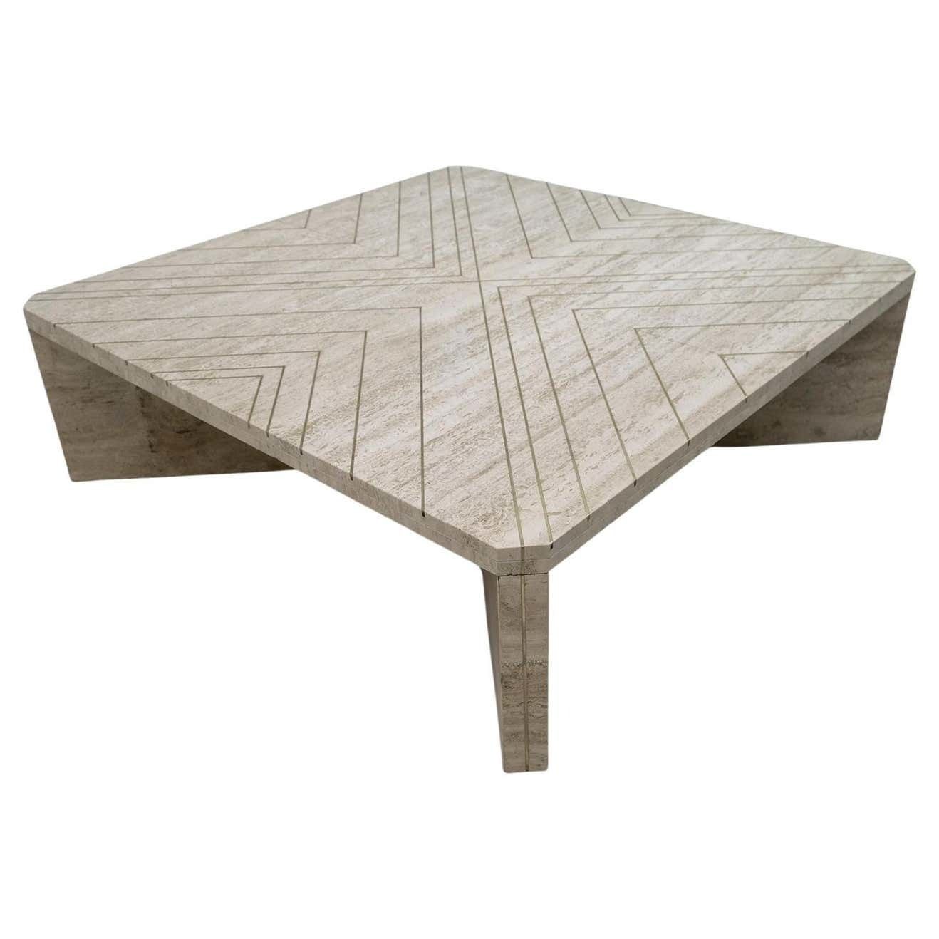 Willy Rizzo Mid Century Italian Travertine Coffee Table With Brass Inlays, 1970s