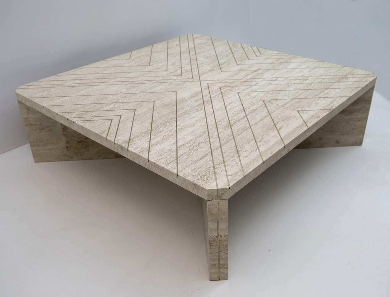 Willy Rizzo Mid Century Italian Travertine Coffee Table With Brass Inlays, 1970s photo furniture