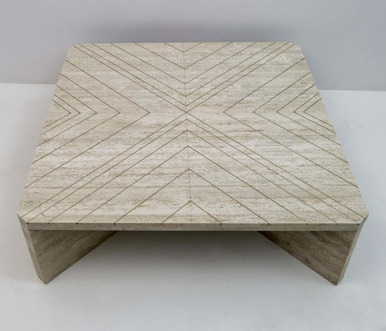 Willy Rizzo Mid Century Italian Travertine Coffee Table With Brass Inlays, 1970s photo for sale