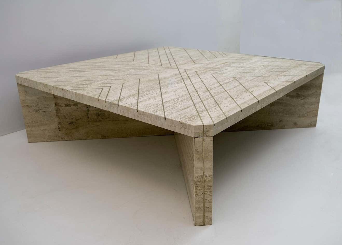 Willy Rizzo Mid Century Italian Travertine Coffee Table With Brass Inlays, 1970s photo 8076.0