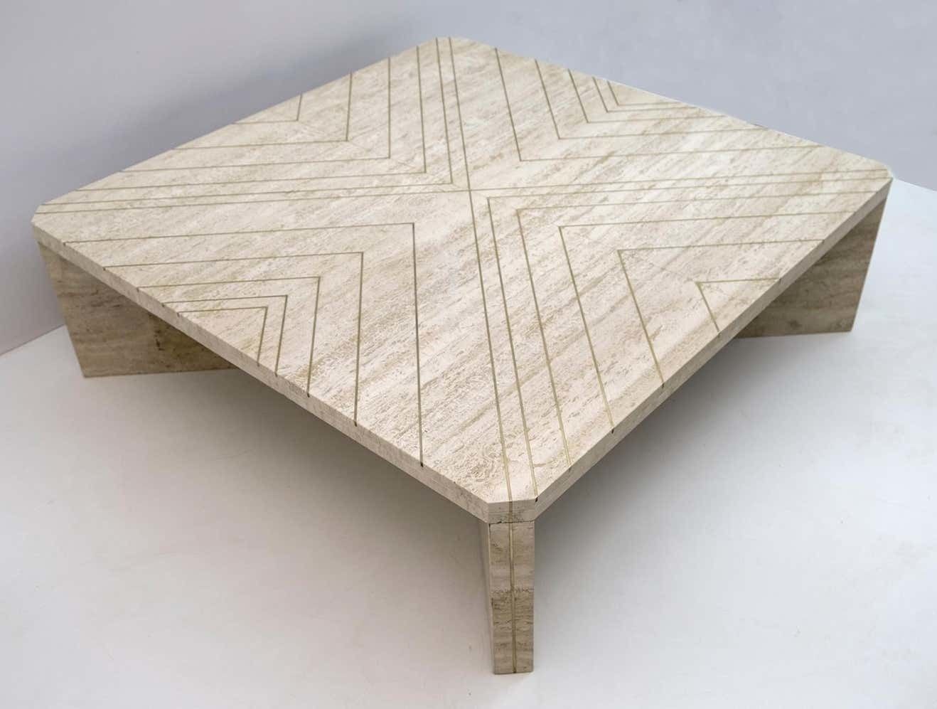 Willy Rizzo Mid Century Italian Travertine Coffee Table With Brass Inlays, 1970s photo vinterior