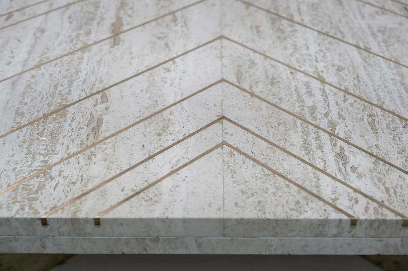 photo for sale Willy Rizzo Mid Century Italian Travertine Coffee Table With Brass Inlays, 1970s