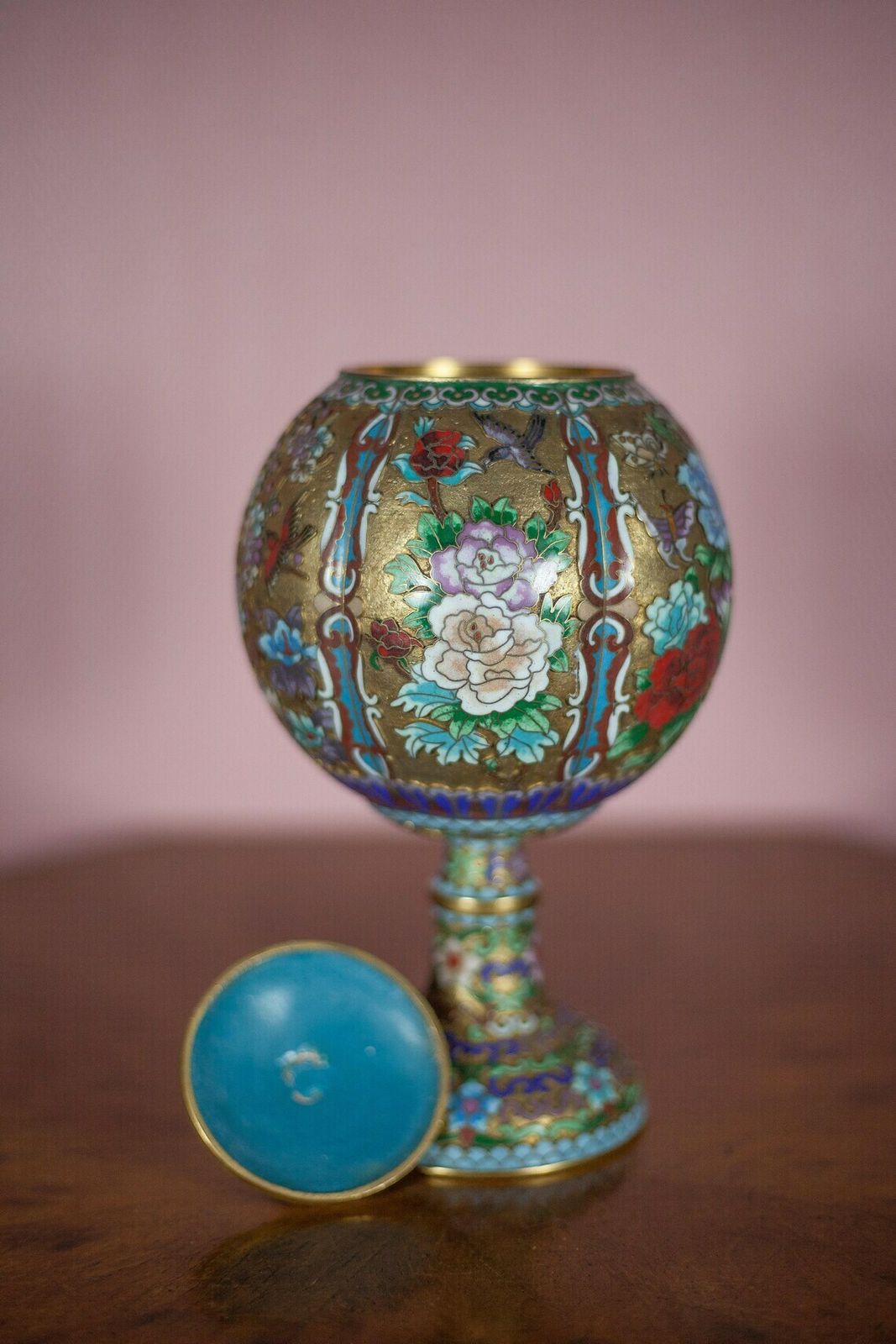 Cloisonné Vase Chinese Champlevé Emaux On Foot, Vintage Chinese Vase, Collection, Flower Motifs, Birds And Butterflies, Rare Shape photo buy