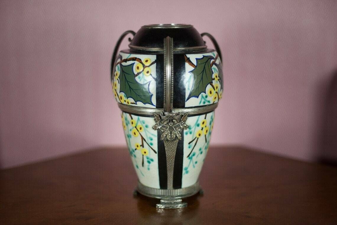 photo furniture Ceramic Vase With Silver Frame, Argyl Signed Vase, Art Nouveau Vase, Art Deco, Collection, Flower Vase, 30's