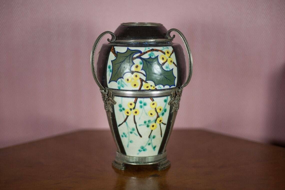 photo for sale Ceramic Vase With Silver Frame, Argyl Signed Vase, Art Nouveau Vase, Art Deco, Collection, Flower Vase, 30's