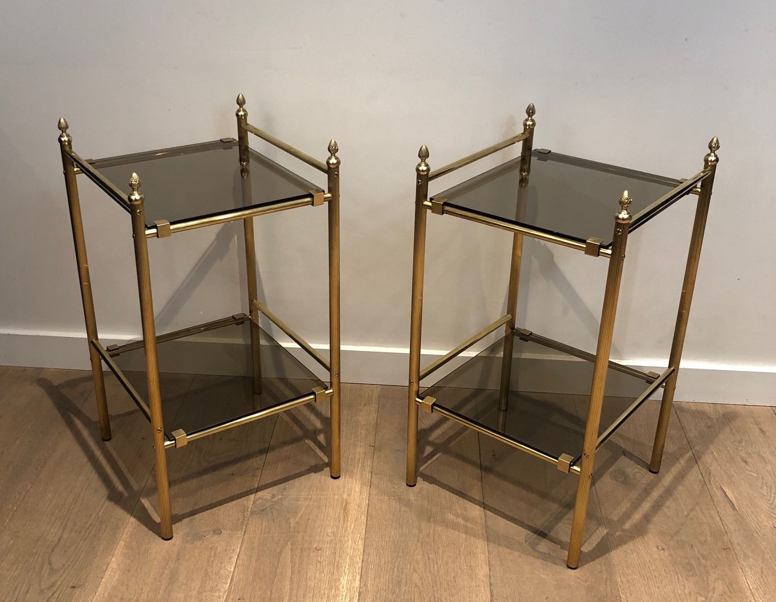 Pair Of Side Tables In Brass And Trays Of Smoked Glasses In The Style Of Maison Baguès