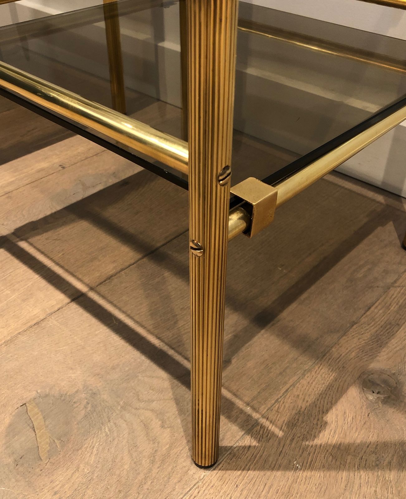 photo furniture Pair Of Side Tables In Brass And Trays Of Smoked Glasses In The Style Of Maison Baguès