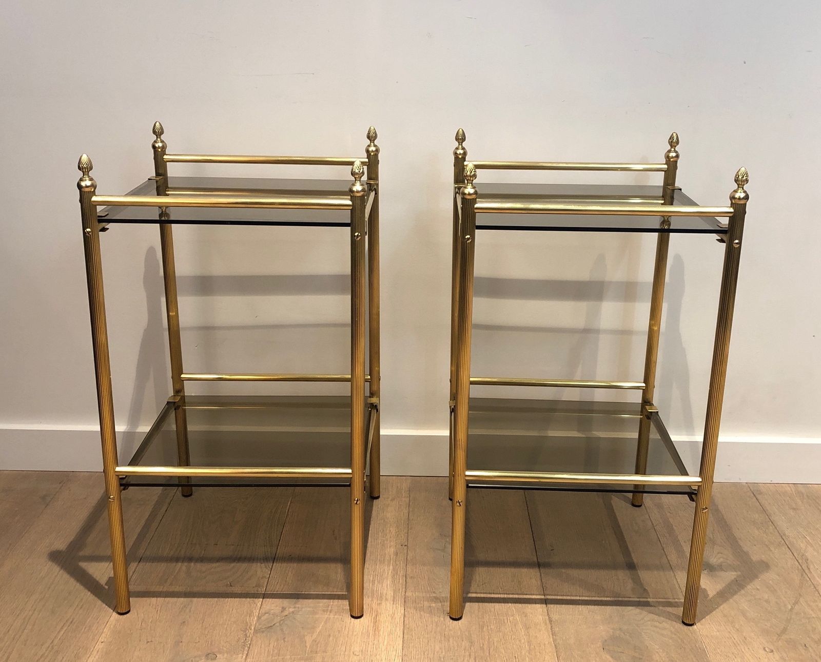 1950.0 Pair Of Side Tables In Brass And Trays Of Smoked Glasses In The Style Of Maison Baguès photo