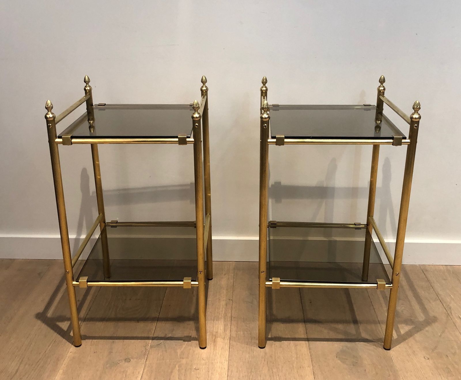 photo buy Pair Of Side Tables In Brass And Trays Of Smoked Glasses In The Style Of Maison Baguès