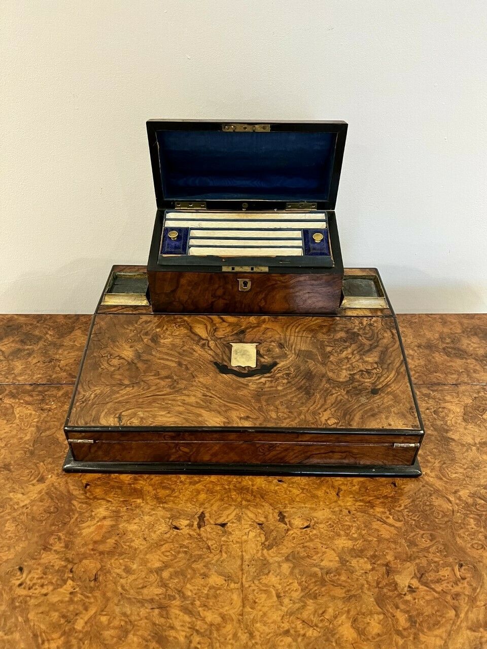Unusual Victorian Quality Burr Walnut Writing Box photo for sale