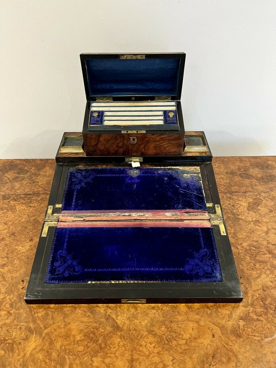 Unusual Victorian Quality Burr Walnut Writing Box photo vinterior
