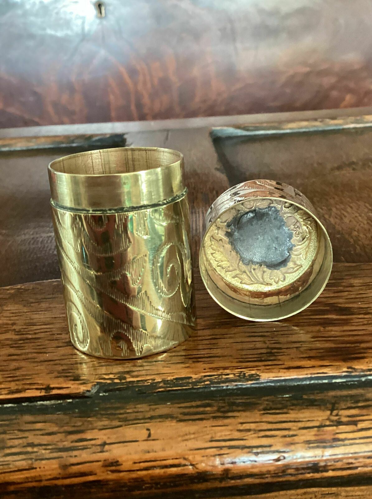 photo furniture Brass Prince Albert’s Safety Box Vesta Case. 100 Patent Vesta Lights. 2.25” Tall