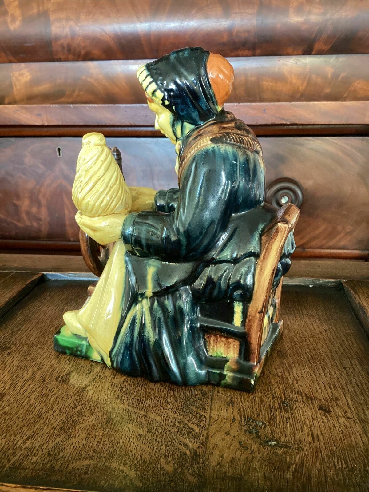 Early 20th C Continental Bisque Pottery Figurine. Dutch Woman Spinning Yarn photo vinterior