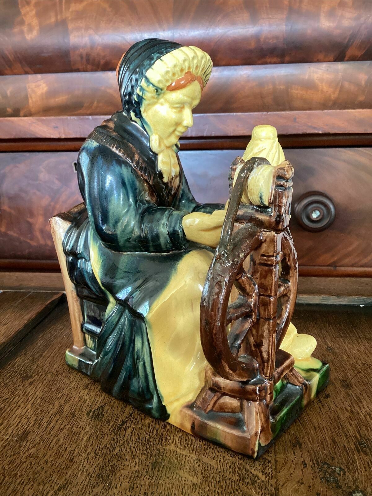 Home Decor Early 20th C Continental Bisque Pottery Figurine. Dutch Woman Spinning Yarn photo