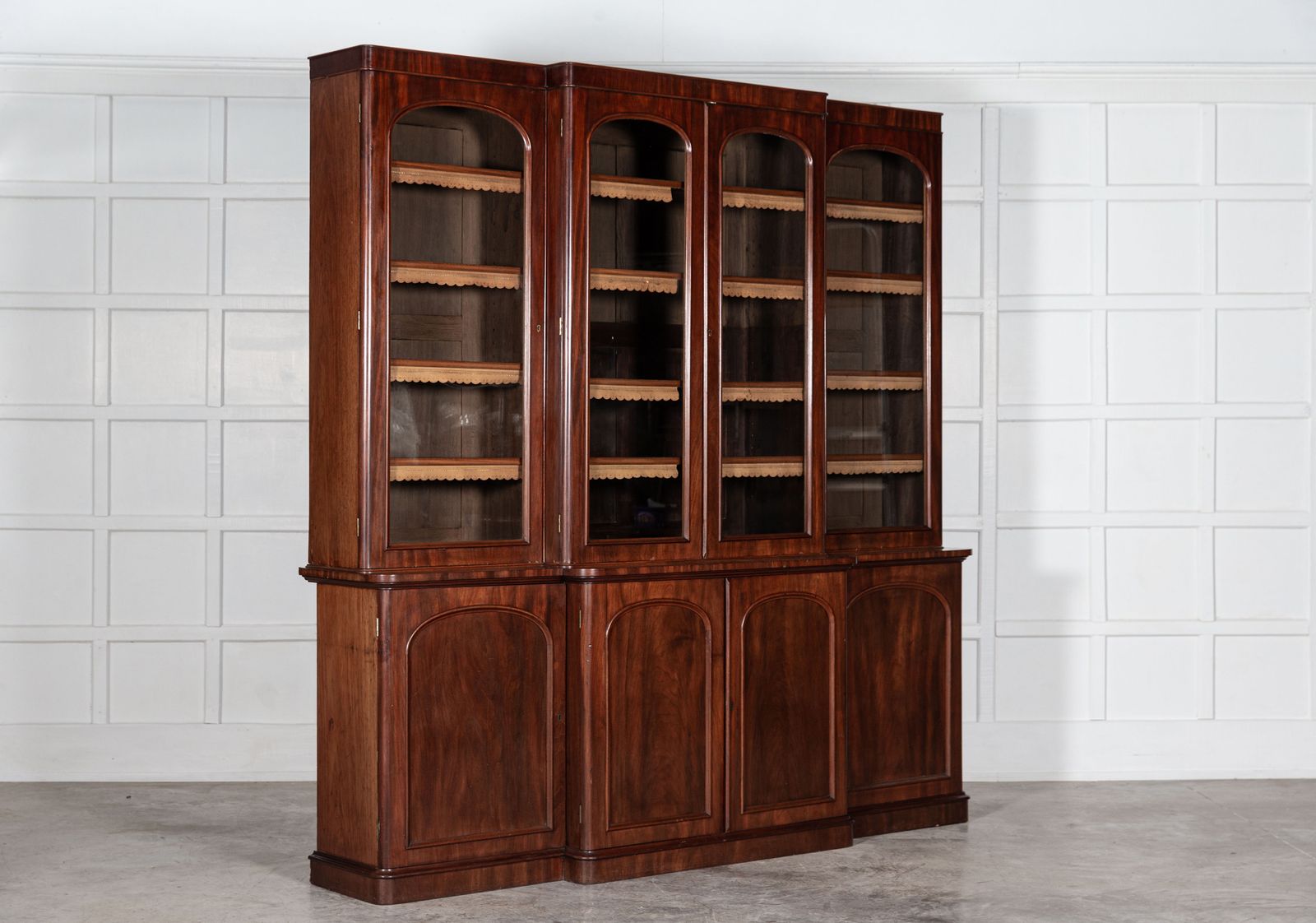 Large 19thc English Mahogany Glazed Breakfront Bookcase photo for sale