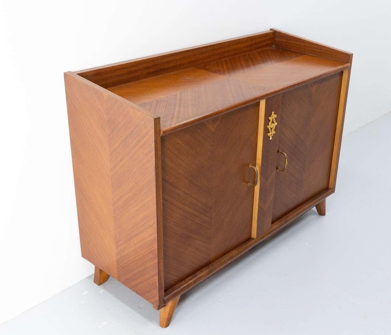 French Vintage Bar Cocktail Cabinet Iroko Veneer And Brass, Mid Century photo Furniture