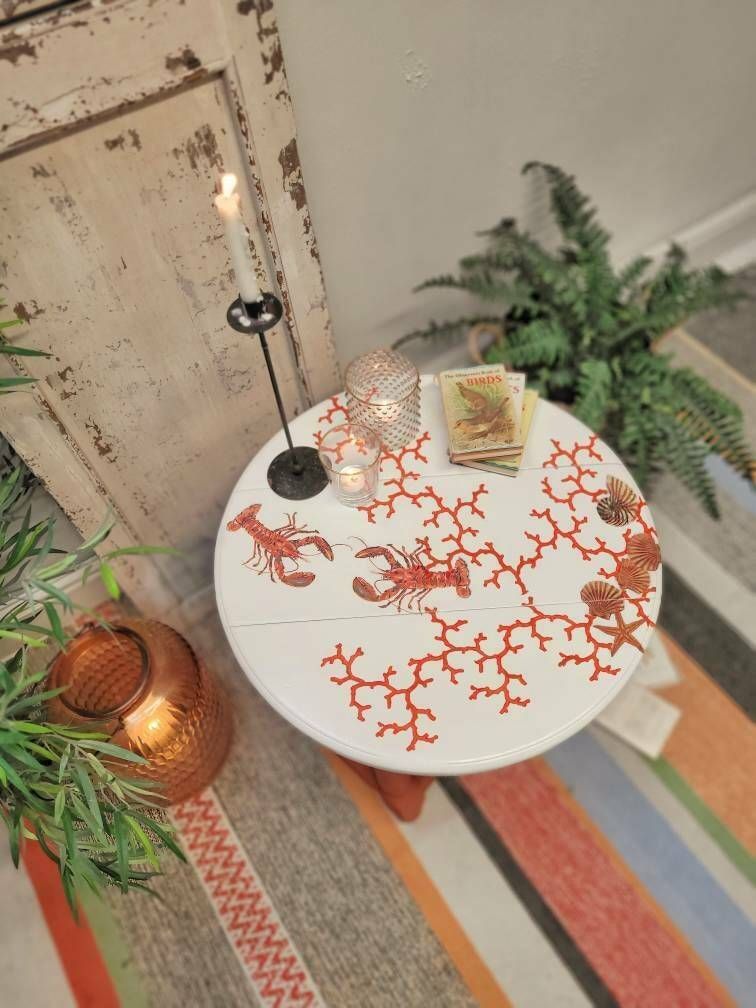 Coffee Table   Occasional Table Side Table Folding Table Nautical Style Lobster Coral   Shells Orange Decoupage Design photo furniture
