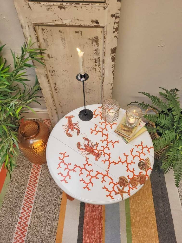 Coffee Table   Occasional Table Side Table Folding Table Nautical Style Lobster Coral   Shells Orange Decoupage Design photo 150.0