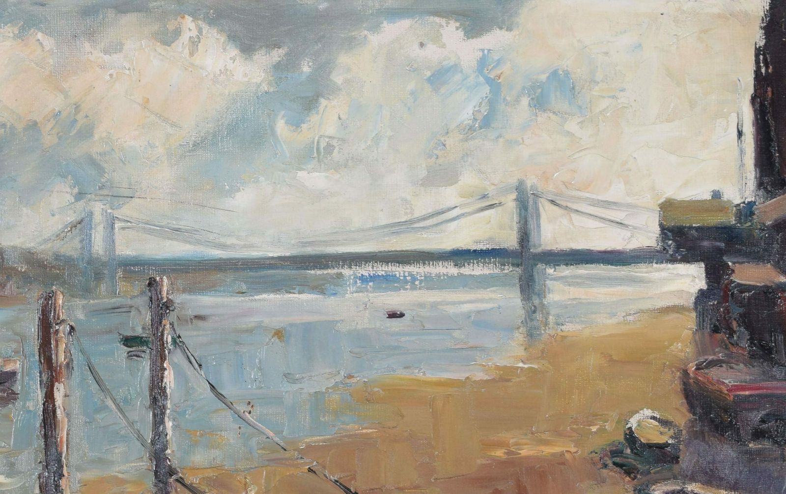 View From Battersea Bridge Mid Century Oil Painting By Angela Stones photo for sale
