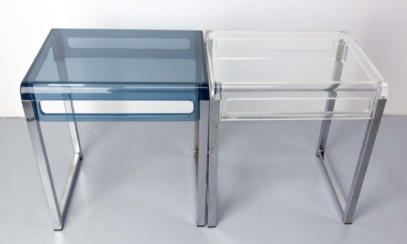 French Pair Of Polycarbonate & Chrome Coffee Table Or Nightstand Table, C. 1980 photo 441.0