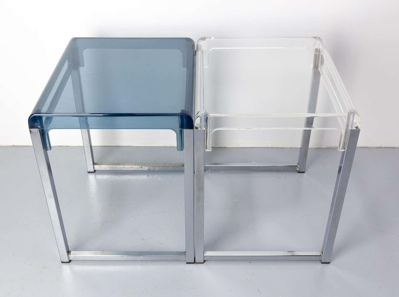 French Pair Of Polycarbonate & Chrome Coffee Table Or Nightstand Table, C. 1980 photo vinterior