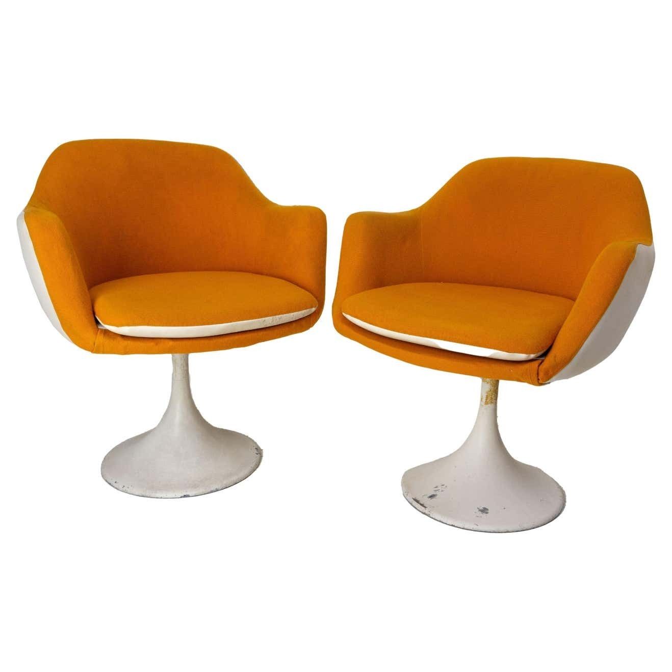 Two Mid Century French Armchairs Metal Tulip Foot With Stool To Recover