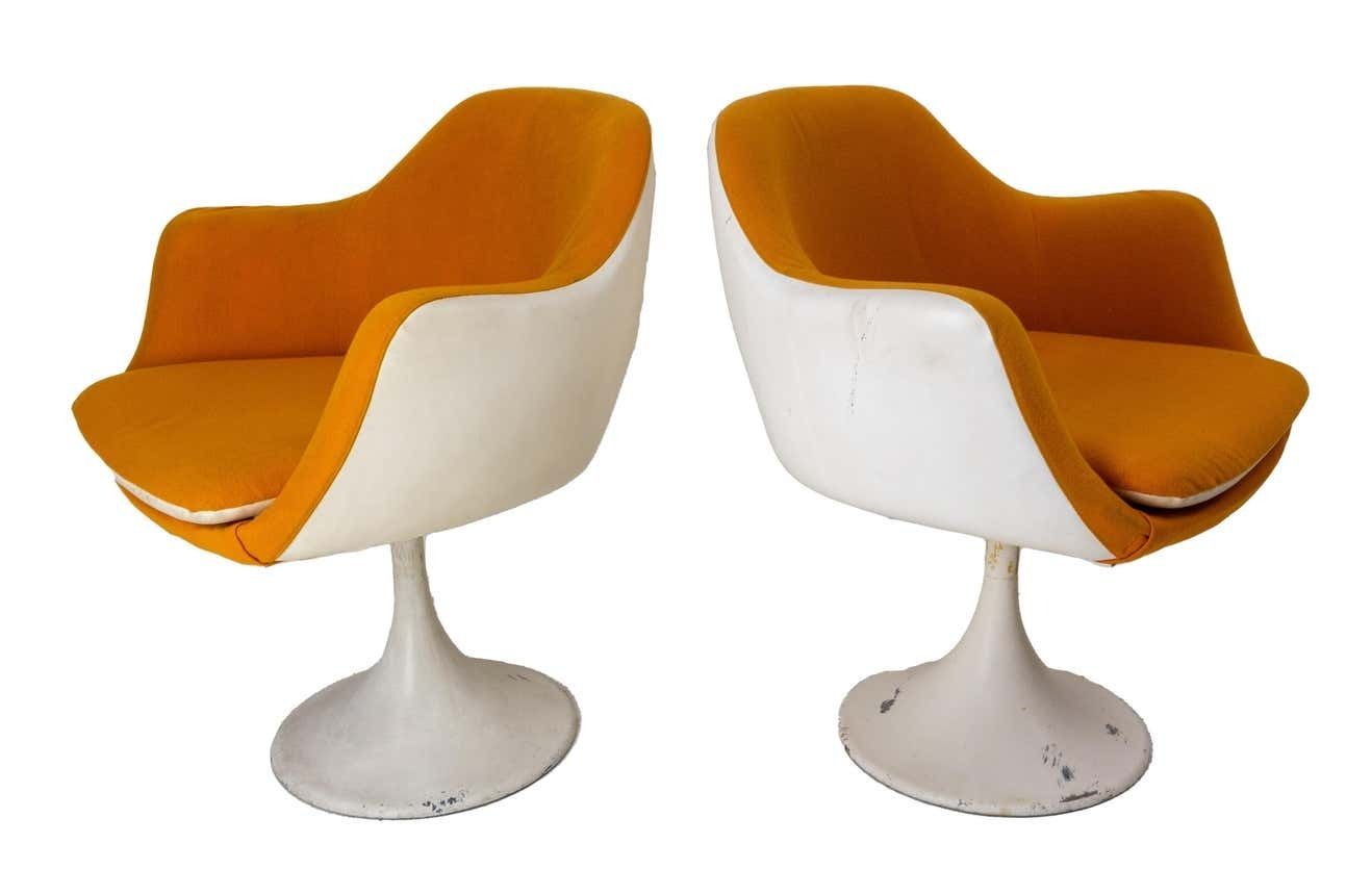 Two Mid Century French Armchairs Metal Tulip Foot With Stool To Recover photo Furniture