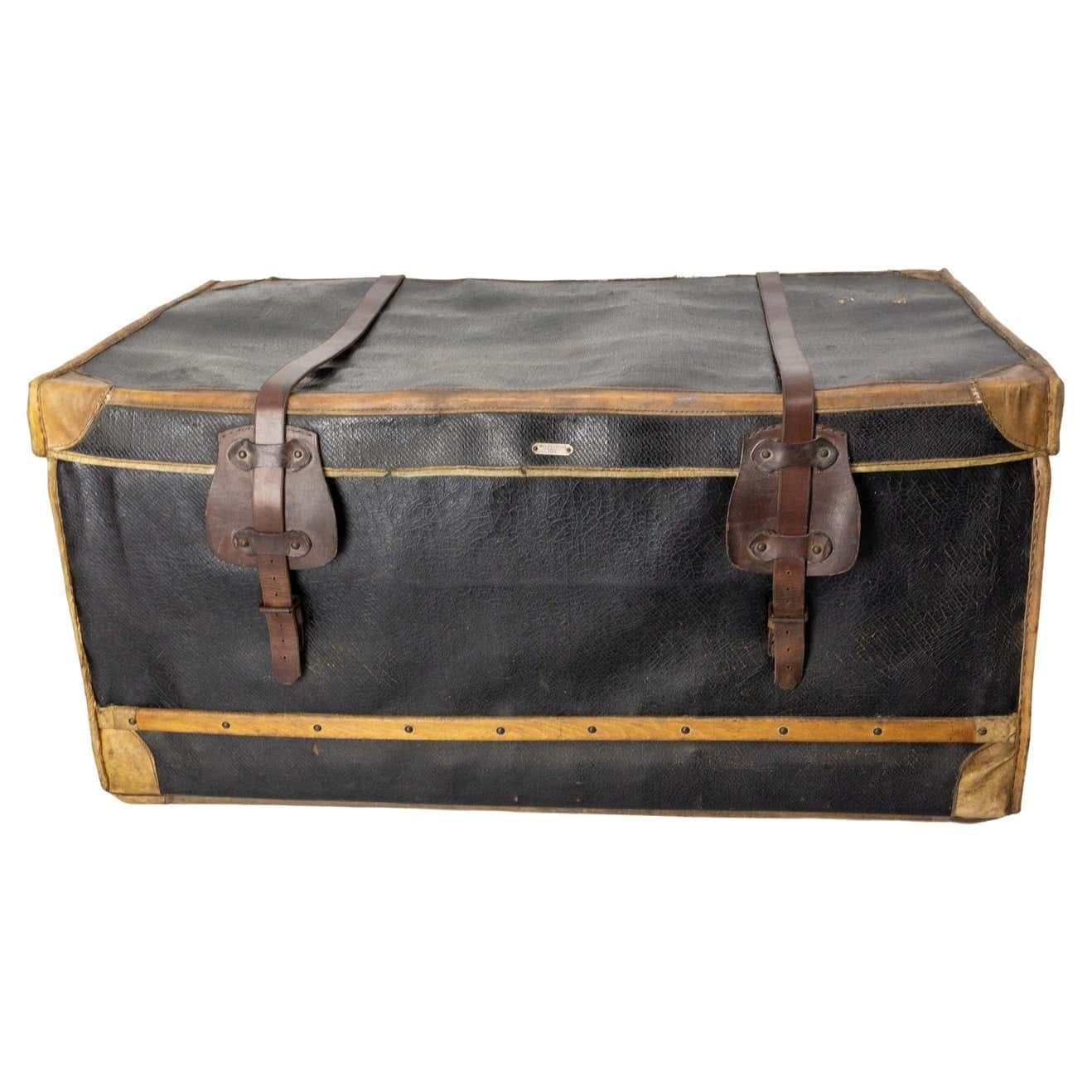 French Leather Trunk With Original Train Labels Paris To Chantilly, Late 19th C