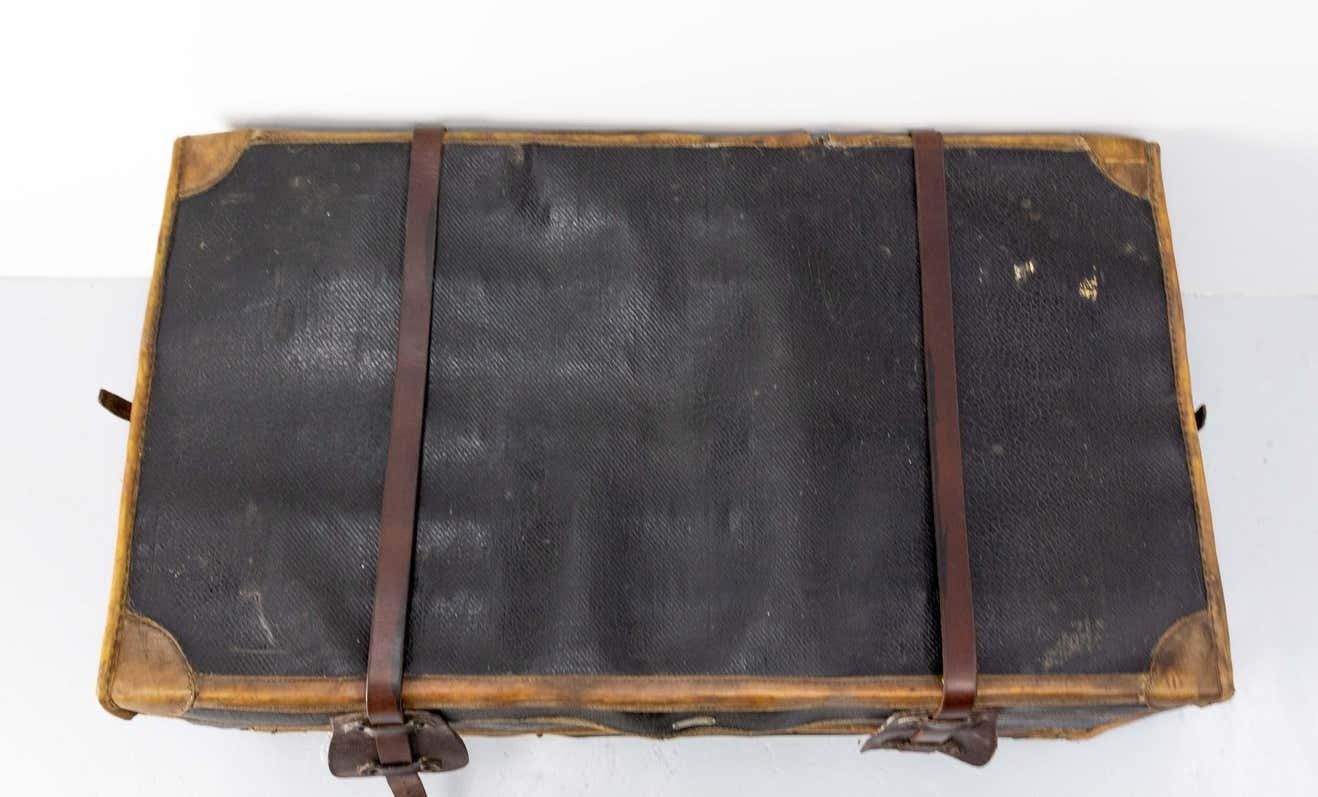 French Leather Trunk With Original Train Labels Paris To Chantilly, Late 19th C photo vintage