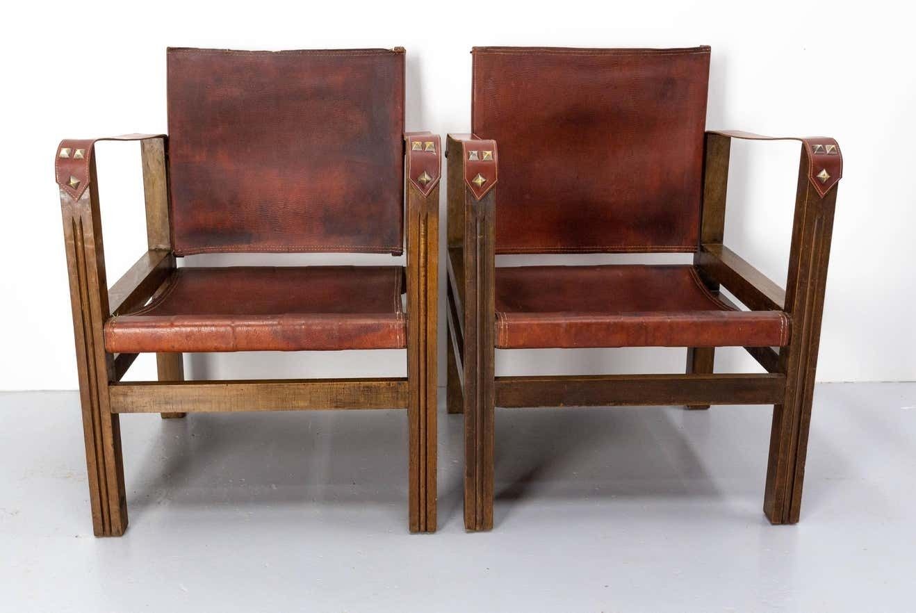 Pair Of Fauteuils Open Armchairs French Leather And Beech Safari Style, C. 1940 photo for sale