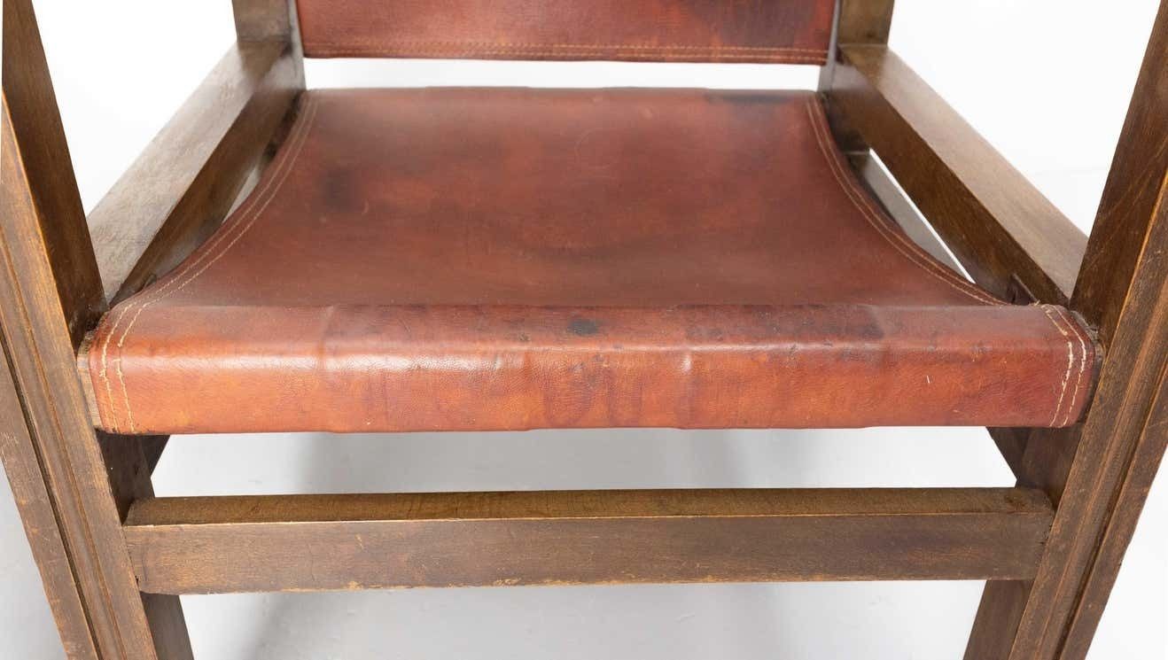 Pair Of Fauteuils Open Armchairs French Leather And Beech Safari Style, C. 1940 photo vintage