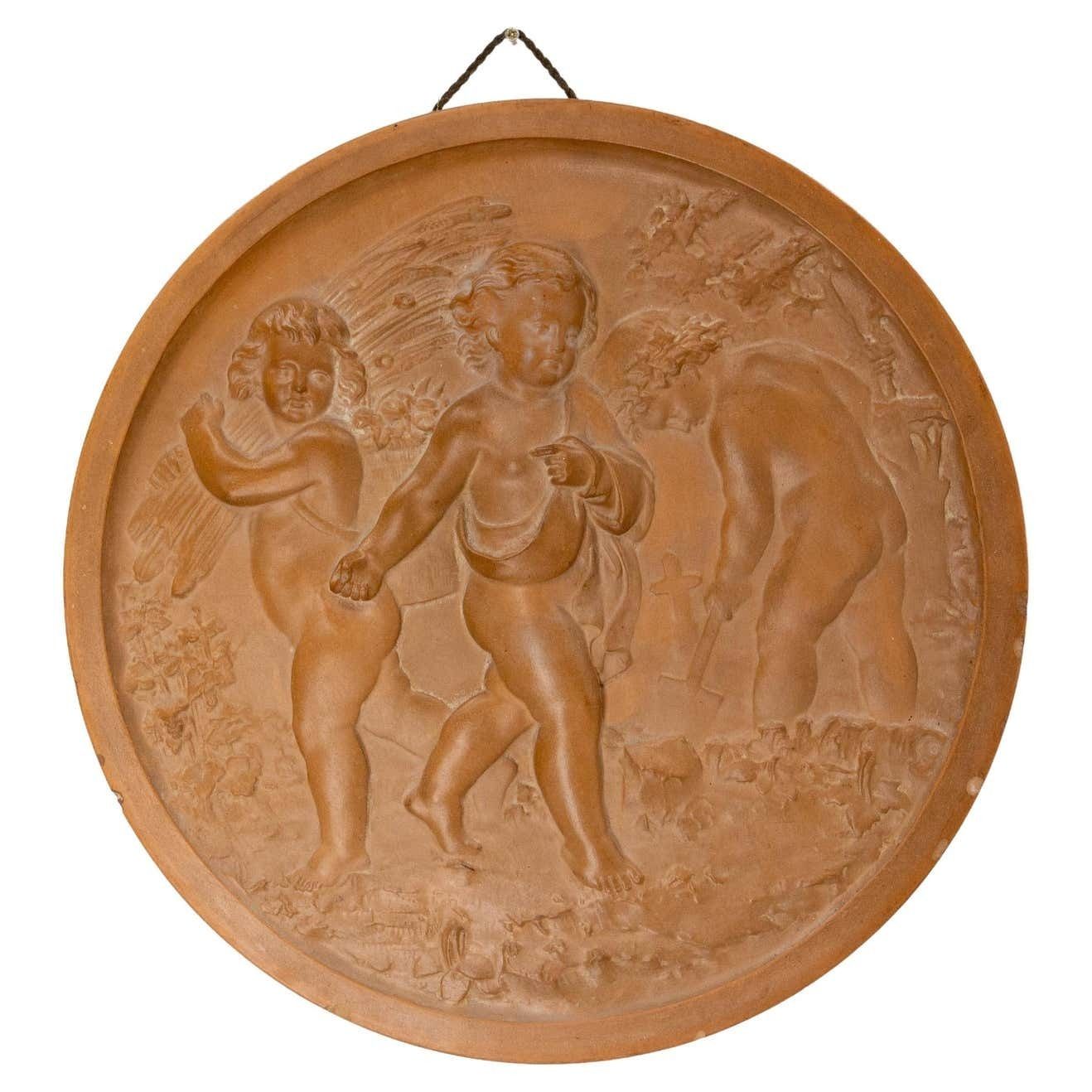 Wall Plaque Sculpture Medallion Three Putti In Agricultural Scenes, Circa 1920