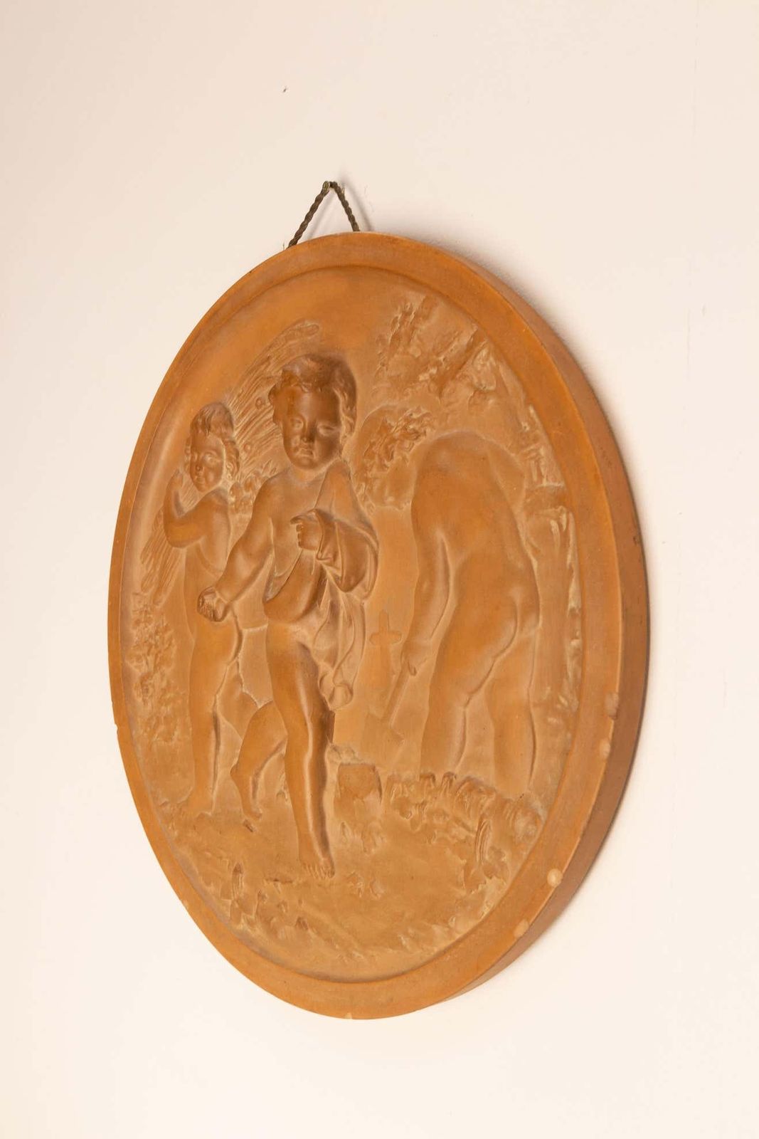 Wall Plaque Sculpture Medallion Three Putti In Agricultural Scenes, Circa 1920 photo for sale